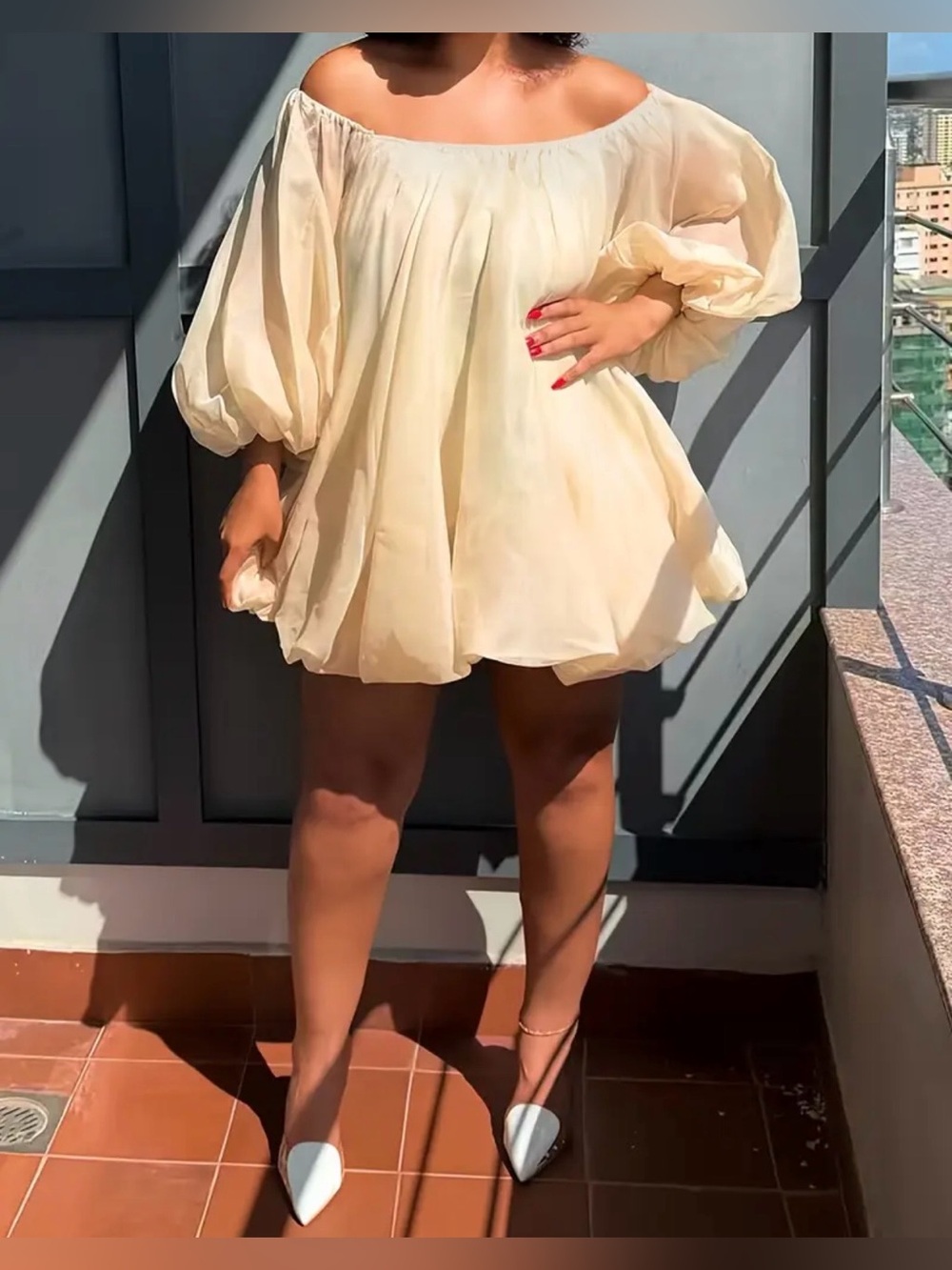 Off-Shoulder Cream Bubble Mini Dress